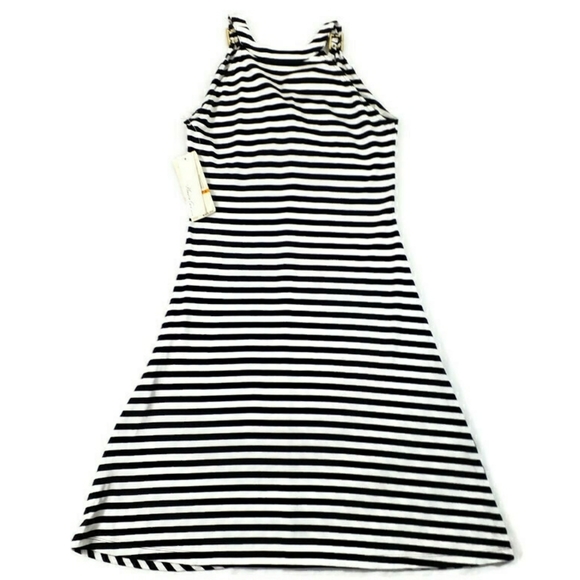 Kenneth Cole Black Stripe Twist Front Sleeveless A-Line Dress Womens Small Pet. - Picture 2 of 11